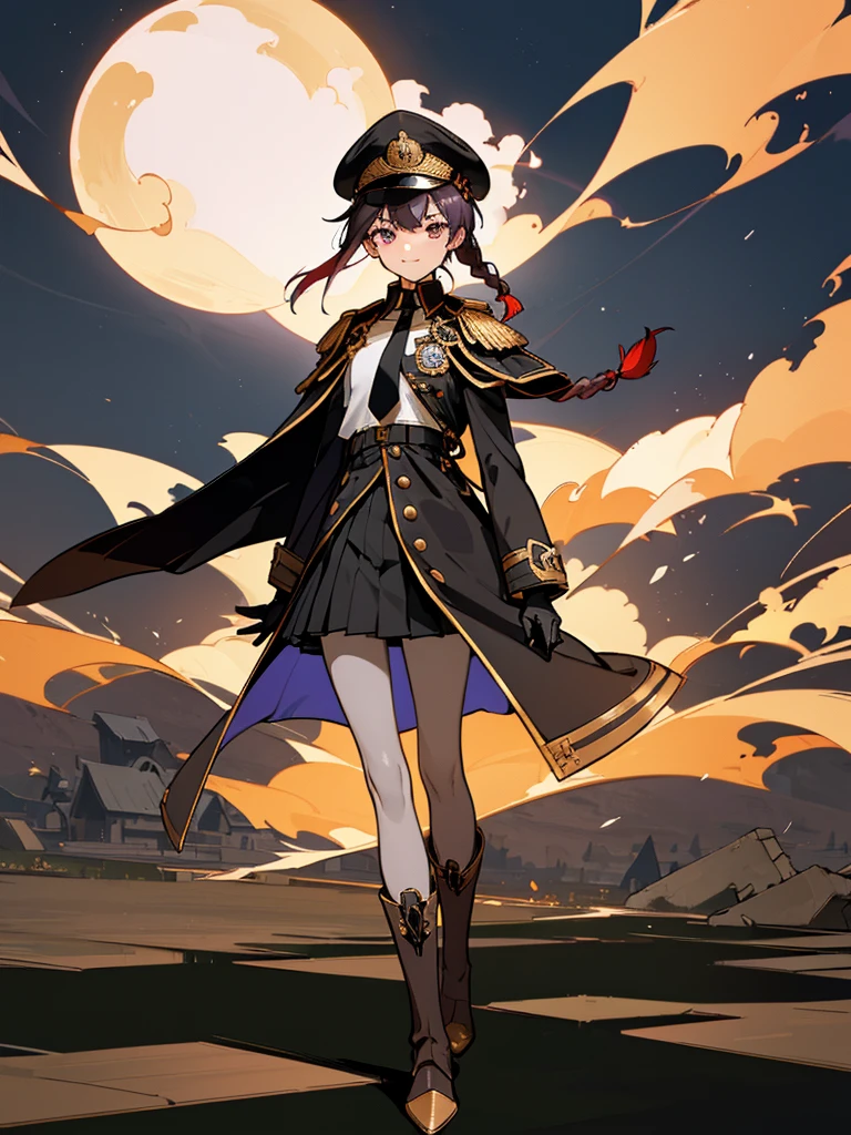 realisitic, City Deserted, Pile of rubble, Brick building, a one woman (18 years old, far away blackw hair, far away slits, Eyes red, glare eyes, 精致的面容, standing (In floor, feet shoulder-width apart), Lolita style military uniform (blackw base, Red Insert, golden decoration, volantes, wide sleeves, dainty and delicate detailing armors), blackw far away gloves (blackw, Red Insert, golden decoration, small hands, armors), blackw far away gloves, knee high boots (blackw, high-heels, red soles), ha (blackw, aba dourada, shield emblem, delicate details), arms in front, Front of belly, Holding military swords with both hands (blackw, golden decoration, delicate detail, Handle at the top, Ground-facing blade, in front of the body, far away), night sky (blackw, stele, Increased flames and smoke) Pale painting style, One Girl, super high quality, Super Detail, Super Detailed image, long hair, looking at viewer, skirt, shirt, hair ornament, violet eyes, gloves, round glasses, long sleeves, hat, closed mouth, jacket, violet hair, braid, open clothes, necktie, black gloves, black skirt, uniform, single braid, open jacket, black jacket, black headwear, 手链, Peaked cap, black necktie, cropped jacket, military hat, pantyhose, Flat Chest, smile, Black Cape