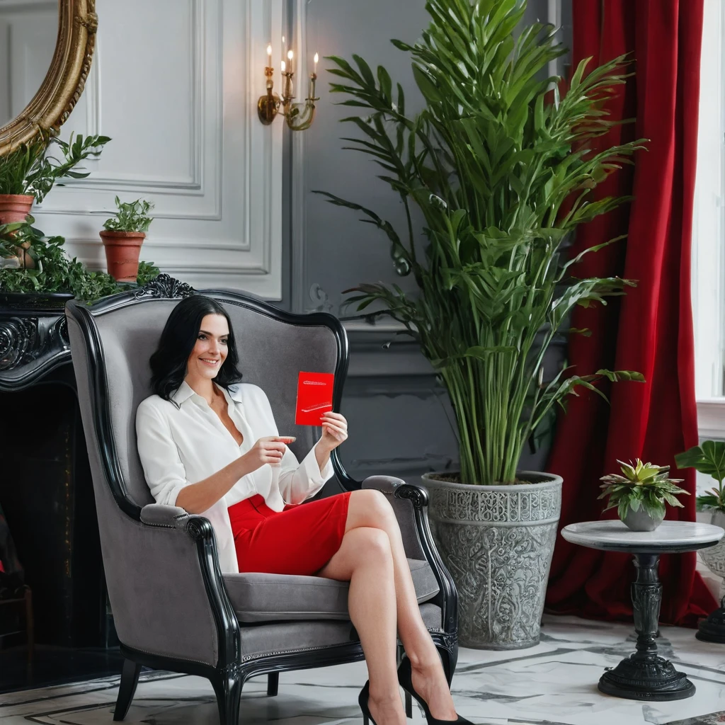 Prompts
Beautiful white woman with black hair, holding a Santander card red color sitting in a comfortable gray armchair in a mansion with plant decoration and natural light.with red details and zoom on the body and woman.