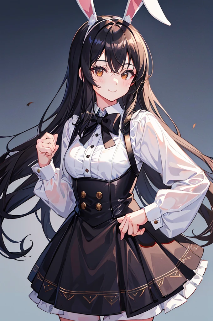 Teenage Girl，Black Wings，calm，stand up，Female Love，High Detail，masterpiece，Best quality，8k，Outdoor sports，White background（1:5），Looking at the audience，Smile，black hair，Bunny ears，全身Female Love，Black clothes，white shirt，Detailed engraving of the picture part，Lolita prostitute