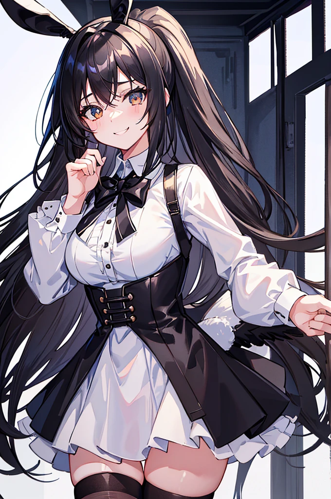 Teenage Girl,Black Wings,calm,stand up,Female Love,High Detail,masterpiece,Best quality,8k,Outdoor sports,White background(1:5),Looking at the audience,Smile,black hair,Bunny ears,全身Female Love,Black clothes,white shirt,Detailed engraving of the picture part,Lolita prostitute