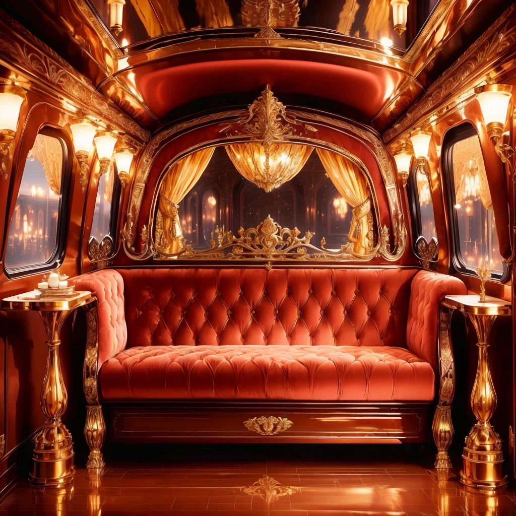 a close up of a crimson couch in a train car, extremely opulent, baroque, royal interior, elegant and ornate, floral pattern ceiling, dark wood reflective floor, simple night sky view from windows, only one lamp, no items on either table, looking regal and classic, in majestic, luxurious environment, carriage, rich drapery, ornate furniture, opulent, gold and luxury materials, with dramatic lighting, exquisitely designed throne room, inside a grand, high end interior