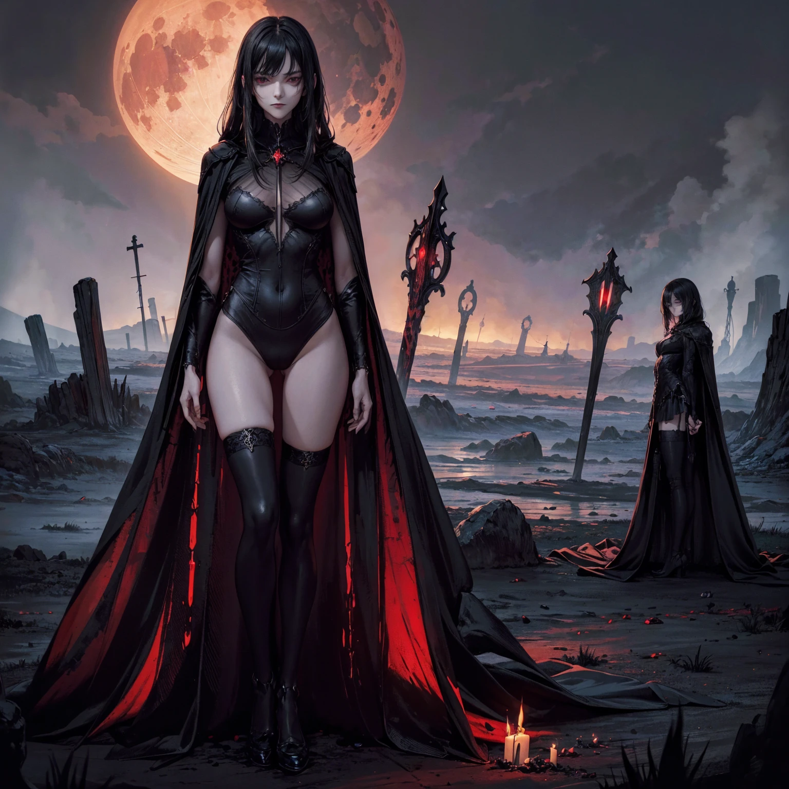 best quality, 4K, high resolution, masterpiece:1.2, Very detailed, actual:1.37, Mood lighting, An undead girl in a long cape,  Some of body skin is transparent and can see skeletons within, Hands and arms are only skeleton bones, Wearing a reflective rubber one-piece swimsuit and a pair of knee-high stockings, Aloofness emotion, Dangerous sneer, Cruel smile, Black Hair, Standing, Facing the camera, Crucified, Pitch black sky, Blood-red moon, strange atmosphere, Gothic style, Unforgettable beauty, Dramatic shadows, Ethereal Light, Mysterious atmosphere.