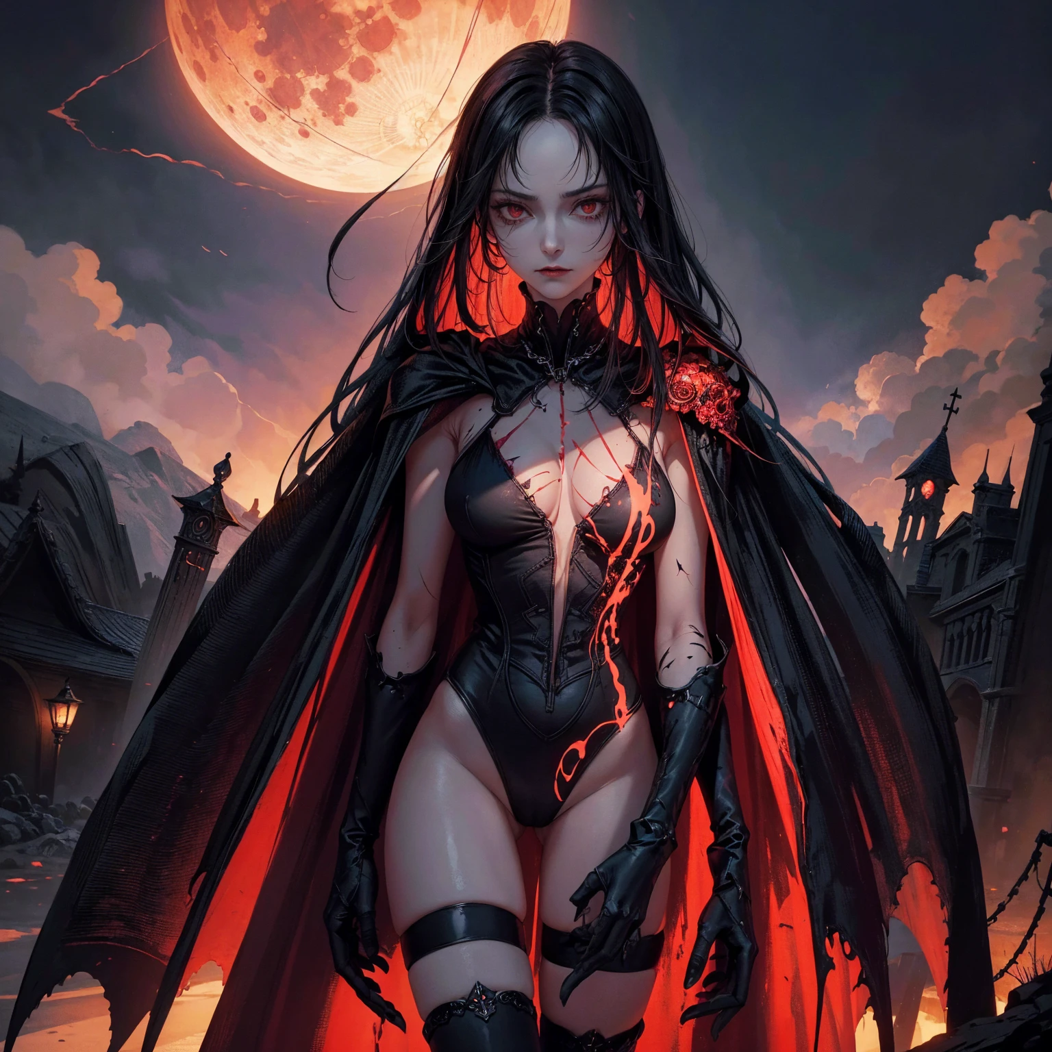 best quality, 4K, high resolution, masterpiece:1.2, Very detailed, actual:1.37, Mood lighting, An undead girl in a long cape, Some of body skin is transparent and can see skeletons within, Hands and arms are only skeleton bones, Wearing a reflective rubber one-piece swimsuit and a pair of knee-high stockings, Aloofness emotion, Dangerous sneer, Cruel smile, Black Hair, Standing, Facing the camera, Crucified, Pitch black sky, Blood-red moon, strange atmosphere, Gothic style, Unforgettable beauty, Dramatic shadows, Ethereal Light, Mysterious atmosphere.
