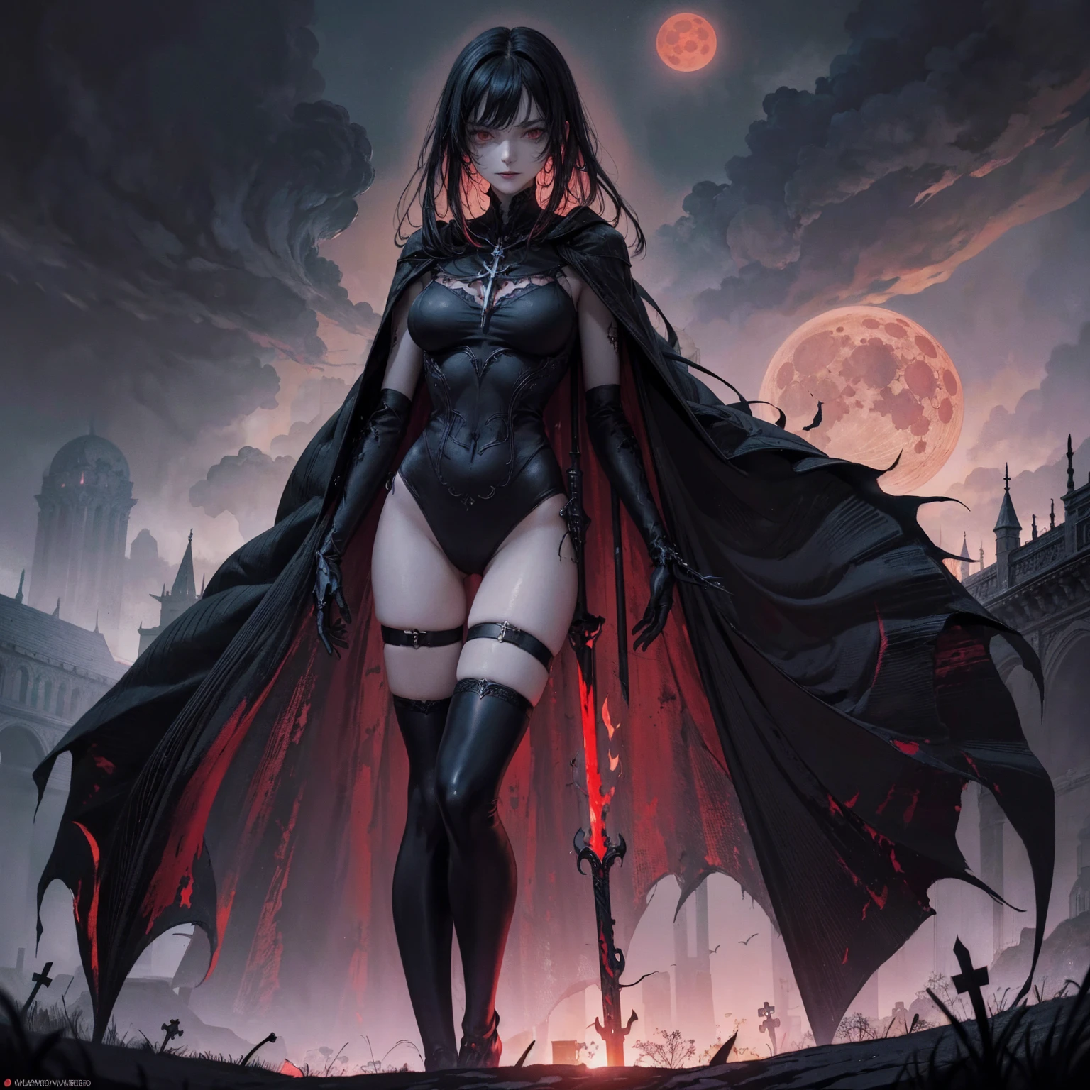 best quality, 4K, high resolution, masterpiece:1.2, Very detailed, actual:1.37, Mood lighting, An undead girl in a long cape, Some of body skin is transparent and can see skeletons within, Hands and arms are only skeleton bones, Wearing a reflective rubber one-piece swimsuit and a pair of knee-high stockings, Aloofness emotion, Dangerous sneer, Cruel smile, Black Hair, Standing, Facing the camera, Crucified, Pitch black sky, Blood-red moon, strange atmosphere, Gothic style, Unforgettable beauty, Dramatic shadows, Ethereal Light, Mysterious atmosphere.
