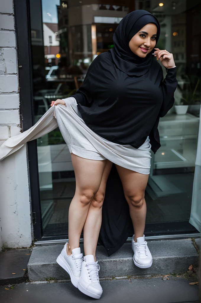 trileg, beautiful woman with three curvy legs, black crop with skirt, casual white sneakers, age 29, Irish, hijab, two headed