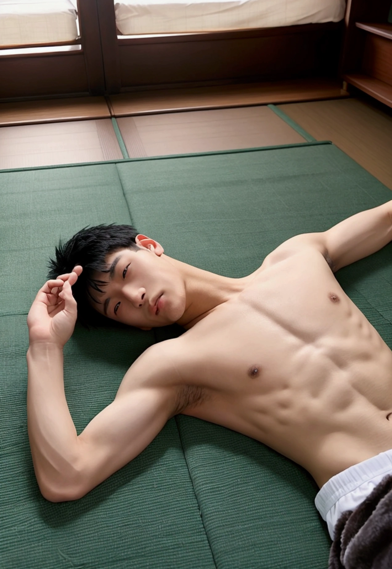 One boy、Beautiful Boy、18-year-old、Japanese Boy、Beautiful Boy、Black Hair、Tatami room、White briefs、Landscape、Lying on your back
