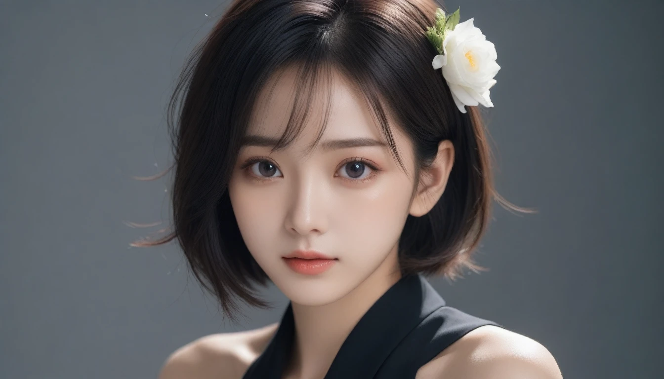 8k, Ultra-high resolution, Highest quality, masterpiece, 三分割法によるphotograph,Surreal, photograph, 1 Girl, (:1.3), pretty girl, Cute Face, Beautiful eyes in every detail, 細かくdetailedに,masterpiece,One Girl:1.2, Japan Female Announcer,extream close up,sad,streaming tears,Black short hair,Messy hair,(black suit:1.3),Nun's clothing,(印象派の美しい少女のPortraiture), (Gray background:1.3),(Impressionist light and colour),prayer,Realistic Skin, Perfect and beautiful face ,完璧でCute Face, Skin with attention to detail, Perfect limbs、Narrow waist,Looking at the audience、beauty,Long neck,clavicle,(((Ideal body type))),A cup small breasts :2,Portraiture:2,Perfect Anatomy,鮮明なdetailed,detailed,Surreal,Light and shadow,spotlight
