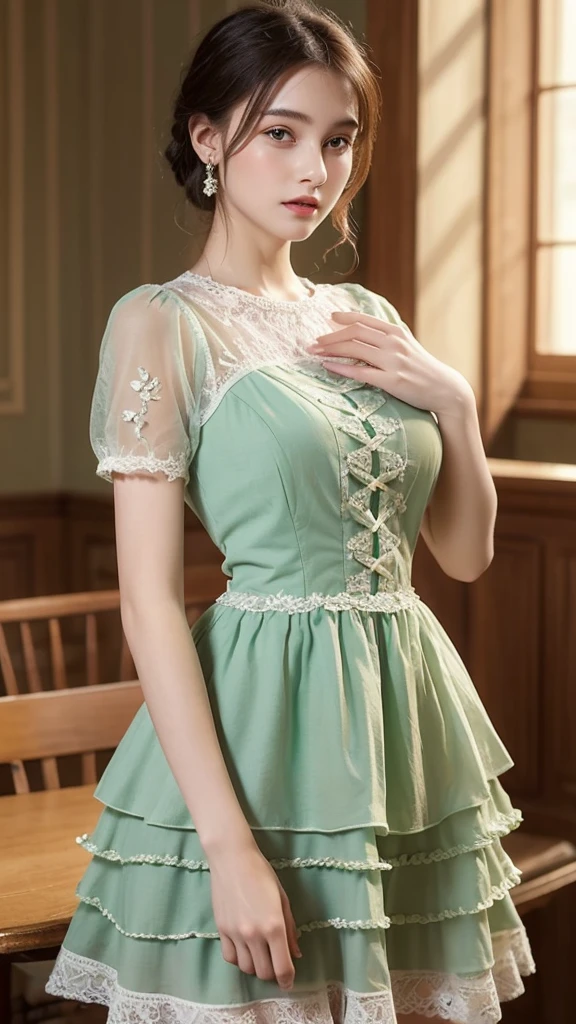 ((high quality work)), The writing is clear and concise, The green dress and the beautiful pleated lace complement each other., Enriching the layered feel of the entire picture, The elegant Edwardian lace dress and princess skirt add a lot of charm to the character., Gesture of turning the back of the hand , It also expresses the gentle and elegant side of women..