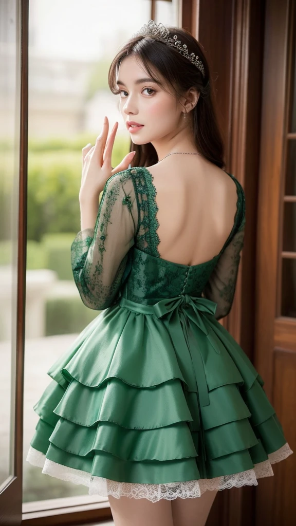 ((high quality work)), The writing is clear and concise, The green dress and the beautiful pleated lace complement each other., Enriching the layered feel of the entire picture, The elegant Edwardian lace dress and princess skirt add a lot of charm to the character., Gesture of turning the back of the hand , It also expresses the gentle and elegant side of women..