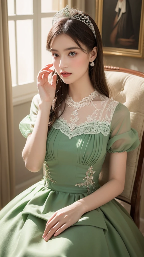 ((high quality work)), The writing is clear and concise, The green dress and the beautiful pleated lace complement each other., Enriching the layered feel of the entire picture, The elegant Edwardian lace dress and princess skirt add a lot of charm to the character., Gesture of turning the back of the hand , It also expresses the gentle and elegant side of women..