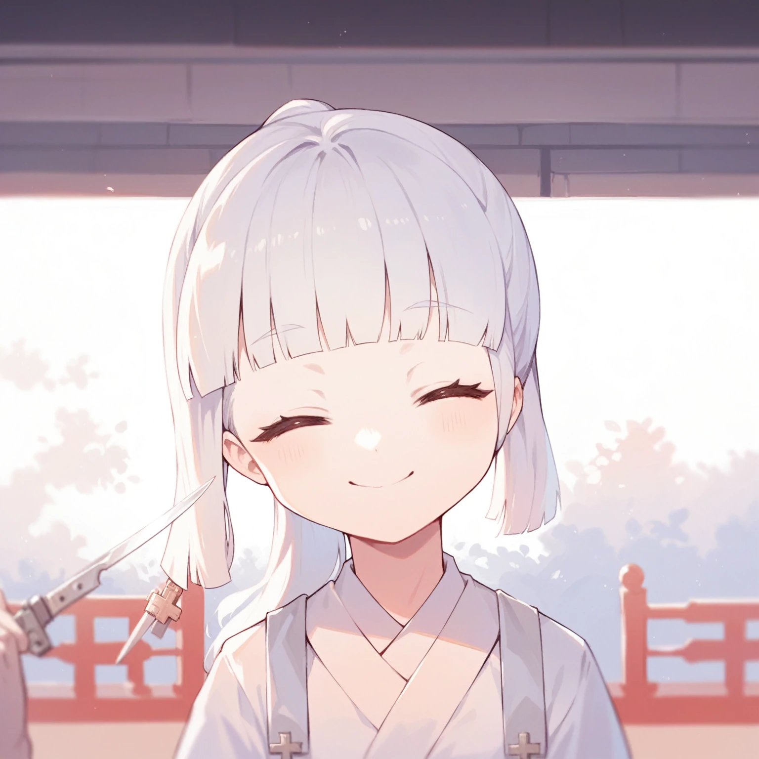 Highest detail,Outstanding quality,detailed,HD,Black long hair,White Dress,Knives,cafes,Sit cross-legged,Smile,No body deformity