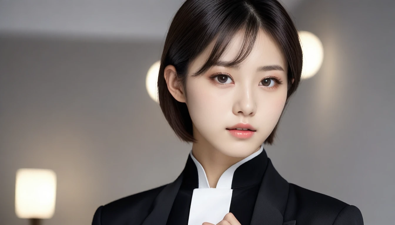 8k, Ultra-high resolution, Highest quality, masterpiece, 三分割法によるphotograph,Surreal, photograph, 1 Girl, (:1.3), pretty girl, Cute Face, Beautiful eyes in every detail, 細かくdetailedに,masterpiece,One Girl:1.2, Japan Female Announcer,extream close up,sad,streaming tears,Black short hair,Messy hair,(black suit:1.3),Nun's clothing,(印象派の美しい少女のPortraiture), (Gray background:1.3),(Impressionist light and colour),prayer,Realistic Skin, Perfect and beautiful face ,完璧でCute Face, Skin with attention to detail, Perfect limbs、Narrow waist,Looking at the audience、beauty,Long neck,clavicle,(((Ideal body type))),A cup small breasts :2,Portraiture:2,Perfect Anatomy,鮮明なdetailed,detailed,Surreal,Light and shadow,spotlight