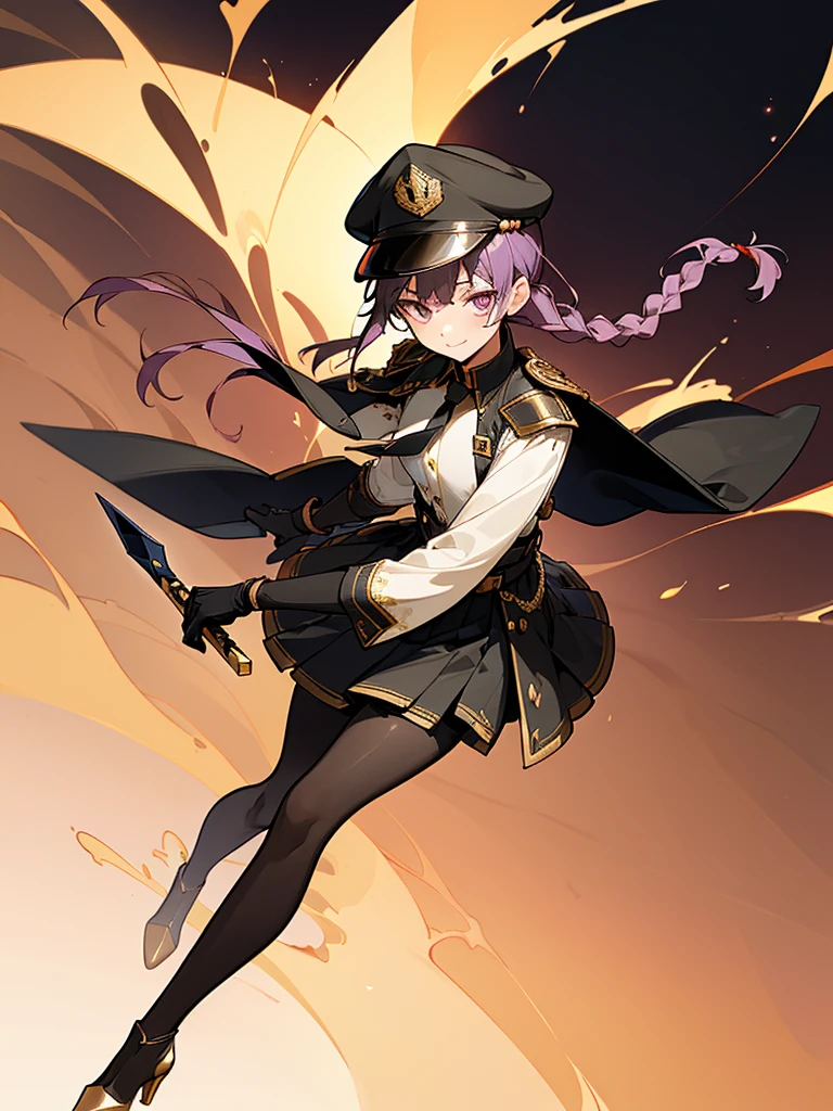realisitic, City Deserted, Pile of rubble, Brick building, a one woman (18 years old, far away blackw hair, far away slits, Eyes red, glare eyes, 精致的面容, standing (In floor, feet shoulder-width apart), Lolita style military uniform (blackw base, Red Insert, golden decoration, volantes, wide sleeves, dainty and delicate detailing armors), blackw far away gloves (blackw, Red Insert, golden decoration, small hands, armors), blackw far away gloves, knee high boots (blackw, high-heels, red soles), ha (blackw, aba dourada, shield emblem, delicate details), arms in front, Front of belly, Holding military swords with both hands (blackw, golden decoration, delicate detail, Handle at the top, Ground-facing blade, in front of the body, far away), night sky (blackw, stele, Increased flames and smoke) Pale painting style, One Girl, super high quality, Super Detail, Super Detailed image, long hair, looking at viewer, skirt, shirt, hair ornament, violet eyes, gloves, round glasses, long sleeves, hat, closed mouth, jacket, violet hair, braid, open clothes, necktie, black gloves, black skirt, uniform, single braid, open jacket, black jacket, black headwear, 手链, Peaked cap, black necktie, cropped jacket, military hat, pantyhose, Flat Chest, smile, Black Cape