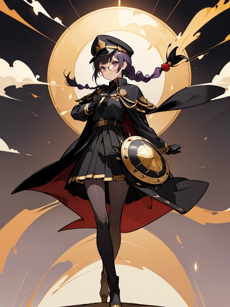 realisitic, City Deserted, Pile of rubble, Brick building, a one woman (18 years old, far away blackw hair, far away slits, Eyes red, glare eyes, 精致的面容, standing (In floor, feet shoulder-width apart), ta style military uniform (blackw base, Red Insert, golden decoration, volantes, wide sleeves, dainty and delicate detailing armors), blackw far away gloves (blackw, Red Insert, golden decoration, small hands, armors), blackw far away gloves, knee high boots (blackw, high-heels, red soles), ha (blackw, aba dourada, shield emblem, delicate details), arms in front, Front of belly, Holding military swords with both hands (blackw, golden decoration, delicate detail, Handle at the top, Ground-facing blade, in front of the body, far away), night sky (blackw, stele, Increased flames and smoke) Pale painting style, One Girl, super high quality, Super Detail, Super Detailed image, long hair, looking at viewer, skirt, shirt, hair ornament, violet eyes, gloves, round glasses, long sleeves, hat, closed mouth, jacket, violet hair, braid, open clothes, necktie, black gloves, black skirt, uniform, single braid, open jacket, black jacket, black headwear, 手链, Peaked cap, black necktie, cropped jacket, military hat, pantyhose, Flat Chest, smile, Black Cape