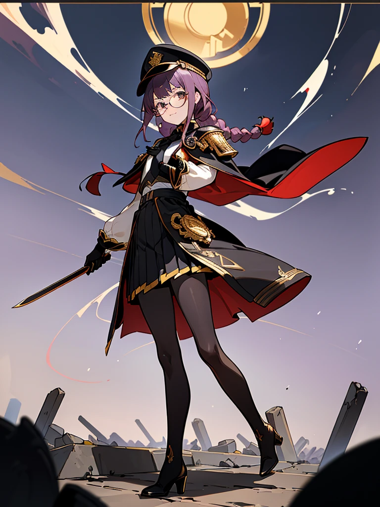 realisitic, City Deserted, Pile of rubble, Brick building, a one woman (18 years old, far away blackw hair, far away slits, Eyes red, glare eyes, 精致的面容, standing (In floor, feet shoulder-width apart), Lolita style military uniform (blackw base, Red Insert, golden decoration, volantes, wide sleeves, dainty and delicate detailing armors), blackw far away gloves (blackw, Red Insert, golden decoration, small hands, armors), blackw far away gloves, knee high boots (blackw, high-heels, red soles), ha (blackw, aba dourada, shield emblem, delicate details), arms in front, Front of belly, Holding military swords with both hands (blackw, golden decoration, delicate detail, Handle at the top, Ground-facing blade, in front of the body, far away), night sky (blackw, stele, Increased flames and smoke) Pale painting style, One Girl, super high quality, Super Detail, Super Detailed image, long hair, looking at viewer, skirt, shirt, hair ornament, violet eyes, gloves, round glasses, long sleeves, hat, closed mouth, jacket, violet hair, braid, open clothes, necktie, black gloves, black skirt, uniform, single braid, open jacket, black jacket, black headwear, 手链, Peaked cap, black necktie, cropped jacket, military hat, pantyhose, Flat Chest, smile, Black Cape