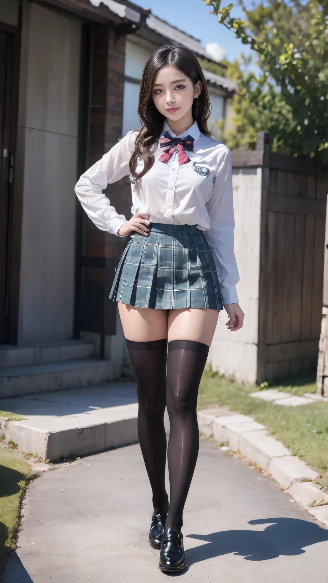 (((There is one girl:1.5))),Gal,(((A tall high school girl with a model figure))),Perfect proportions,(Standing facing this),Full body photography,(wide thighs, Very long legs),Fleshy,Mid-chest,(((Cleavage))),Breast enlargement,swelling of the nipples,Unbutton your shirt,Loafer Asterpiece on the ground:1.3),((8k, Photorealistic:1.4,Surreal,RAW Photos, highest quality: 1.4,Ultra high definition,Super detailed)), Beautiful Face,(Realistic face),(Brown's shortcuts:1.3),Short Hair,Disheveled Hair,Fluffy hair,Detailed eyes,Realistic beautiful skin,Golden Ratio,Super cute,Open your mouth a little,smile,High school girl in summer clothes,White shirt,Sweaty,Wetty,(Wet shirt),See-through shirt,Light clothing,Surreal school girl,pleated micro mini skirt,Checkered micro mini skirt,Pleated miniskirt with tartan check,((I can see your panties!!)),pantyhose,(Black Stockings),((Knee-high stockings)),loafers,Esbian all over,High school girl wearing JK uniform,Sexy pose,Anatomically accurate body,Precisely drawn fingers,