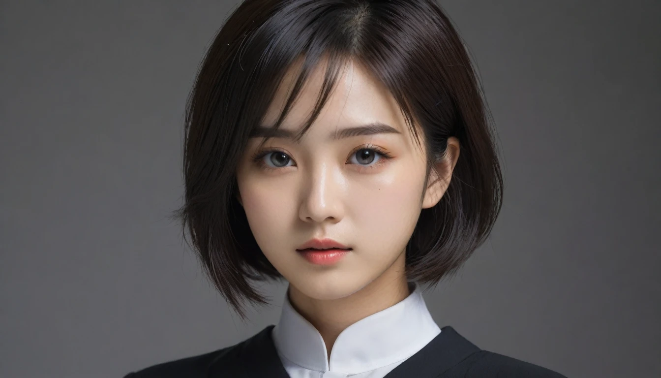 8k, Ultra-high resolution, Highest quality, masterpiece, 三分割法によるphotograph,Surreal, photograph, 1 Girl, (16 years old:1.3), pretty girl, Cute Face, Beautiful eyes in every detail, 細かくdetailedに,masterpiece,One Girl:1.2, Japan Female Announcer,extream close up,sad,streaming tears,Black short hair,Messy hair,(black suit:1.3),Nun's clothing,(印象派の美しい少女のPortraiture), (Gray background:1.3),(Impressionist light and colour),prayer,Realistic Skin, Perfect and beautiful face ,完璧でCute Face, Skin with attention to detail, Perfect limbs、Narrow waist,Looking at the audience、beauty,Long neck,clavicle,(((Ideal body type))),A cup small breasts :2,Portraiture:2,Perfect Anatomy,鮮明なdetailed,detailed,Surreal,Light and shadow,spotlight