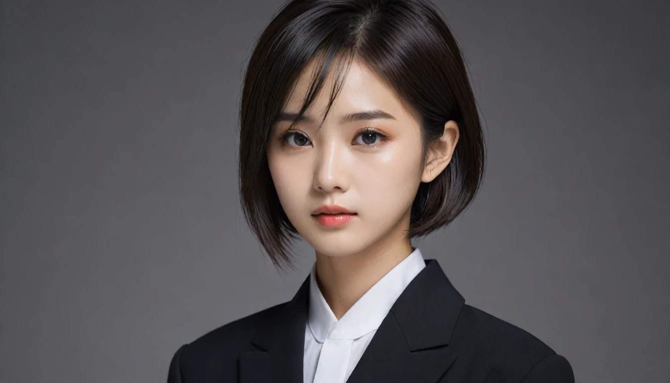 8k, Ultra-high resolution, Highest quality, masterpiece, 三分割法によるphotograph,Surreal, photograph, 1 Girl, (16 years old:1.3), pretty girl, Cute Face, Beautiful eyes in every detail, 細かくdetailedに,masterpiece,One Girl:1.2, Japan Female Announcer,extream close up,sad,streaming tears,Black short hair,Messy hair,(black suit:1.3),Nun's clothing,(印象派の美しい少女のPortraiture), (Gray background:1.3),(Impressionist light and colour),prayer,Realistic Skin, Perfect and beautiful face ,完璧でCute Face, Skin with attention to detail, Perfect limbs、Narrow waist,Looking at the audience、beauty,Long neck,clavicle,(((Ideal body type))),A cup small breasts :2,Portraiture:2,Perfect Anatomy,鮮明なdetailed,detailed,Surreal,Light and shadow,spotlight