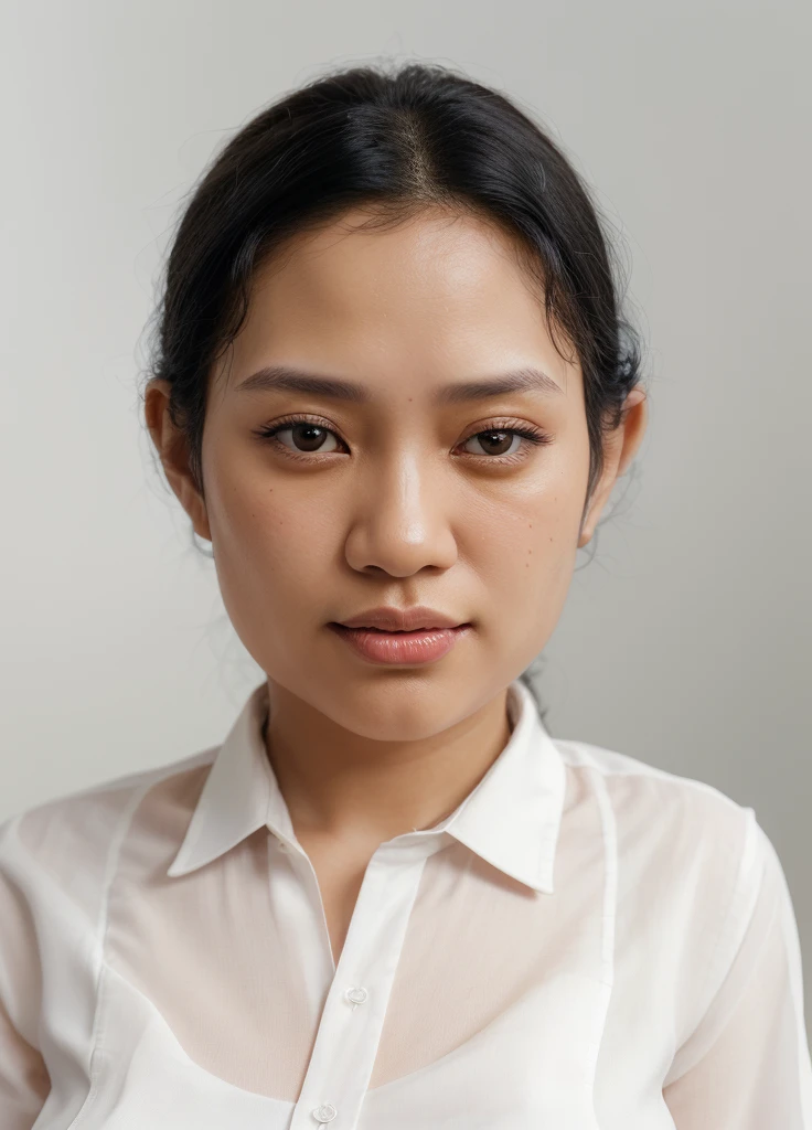 a woman with realistic slightly curly black hair, high detail, wearing a formal white shirt, plain background, realistic, high detail, typical Southeast Asian skin color