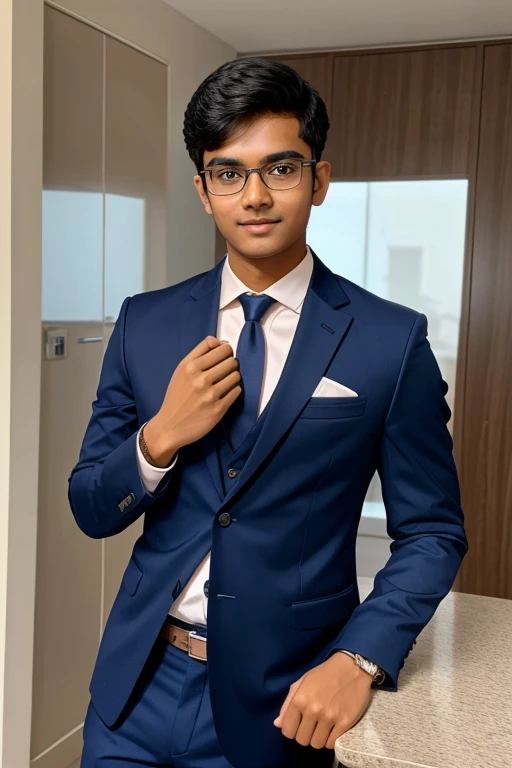 19 year old indian boy with fair skin wearing spectacles and narrow body
posing for a linkedin picture in formals