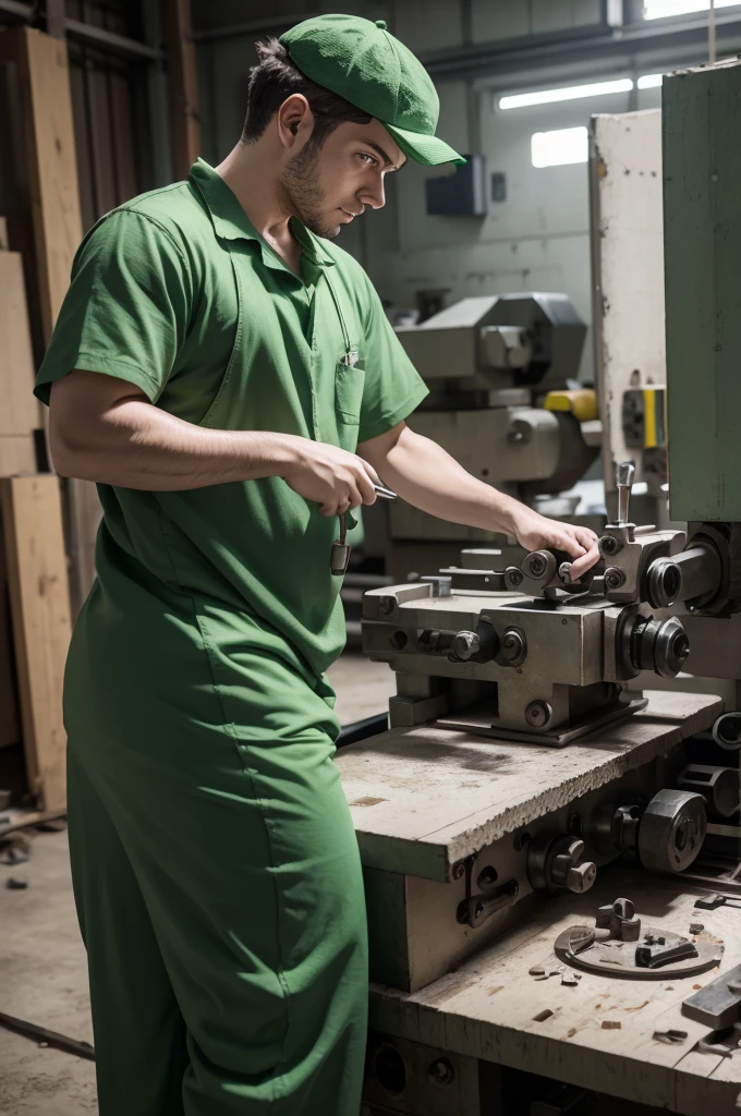 A cnc lathe operator wearing green outfit working looking back with surprised look at a broken caliper 