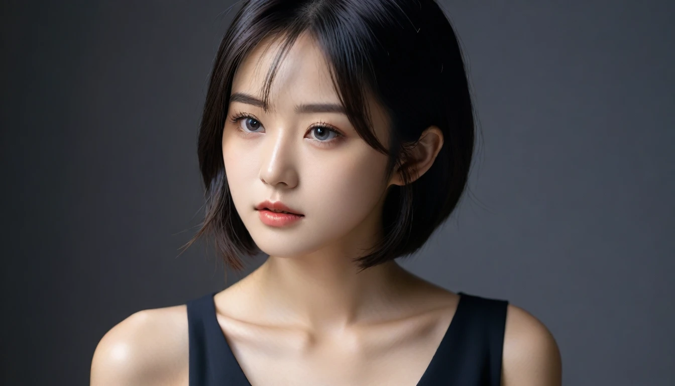 8k, Ultra-high resolution, Highest quality, masterpiece, 三分割法によるphotograph,Surreal, photograph, 1 Girl, (16 years old:1.3), pretty girl, Cute Face, Beautiful eyes in every detail, 細かくdetailedに,masterpiece,One Girl:1.2, Japan Female Announcer,extream close up,sad,streaming tears,Black short hair,Messy hair,(black suit:1.3),Nun's clothing,(印象派の美しい少女のPortraiture), (Gray background:1.3),(Impressionist light and colour),prayer,Realistic Skin, Perfect and beautiful face ,完璧でCute Face, Skin with attention to detail, Perfect limbs、Narrow waist,Looking at the audience、beauty,Long neck,clavicle,(((Ideal body type))),A cup small breasts :2,Portraiture:2,Perfect ???????,鮮明なdetailed,detailed,Surreal,Light and shadow,spotlight