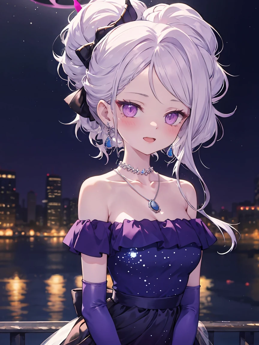 masterpiece,best quality,other, 1 Girl, Solitary, Looking at the audience, blush, open mouth, partedbangs, Hair accessories, Side lock, Ponytail, Elbow gloves, Off-shoulder dress, Halo, **Shoulder, Necklace, necklace, earrings, Alternative clothing, （Huge breasts:1.5）