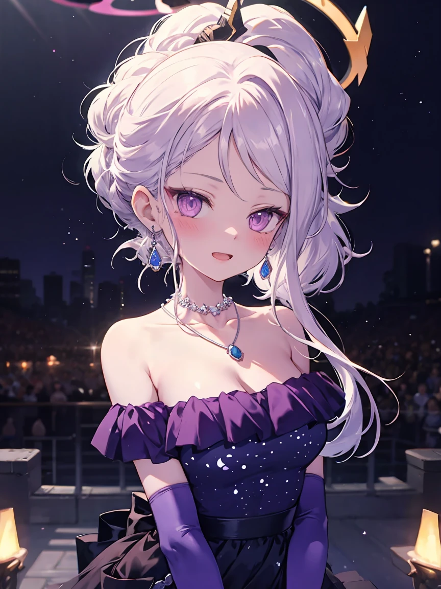 masterpiece,best quality,other, 1 Girl, Solitary, Looking at the audience, blush, open mouth, partedbangs, Hair accessories, Side lock, Ponytail, Elbow gloves, Off-shoulder dress, Halo, **Shoulder, Necklace, necklace, earrings, Alternative clothing, （Huge breasts:1.5）