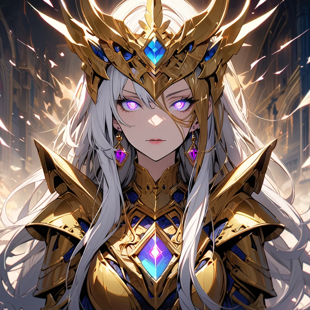 woman, long hair, white hair, mature, god eyes, diamond earings, two colors eyes, one blue eye, one purple eye, glowing eyes, beautiful, detailed, golden armor, main face, front face