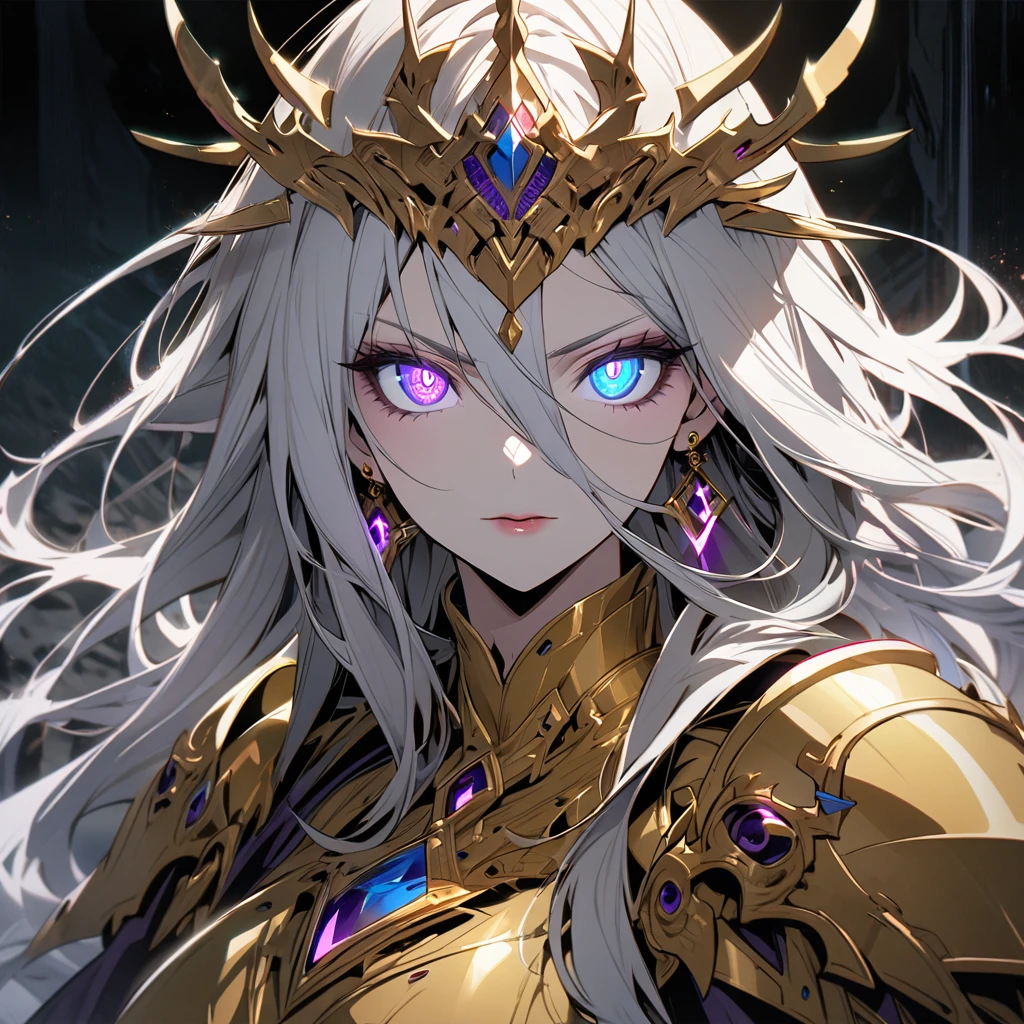 woman, long hair, white hair, mature, god eyes, diamond earings, two colors eyes, one blue eye, one purple eye, glowing eyes, beautiful, detailed, golden armor, main face, front face