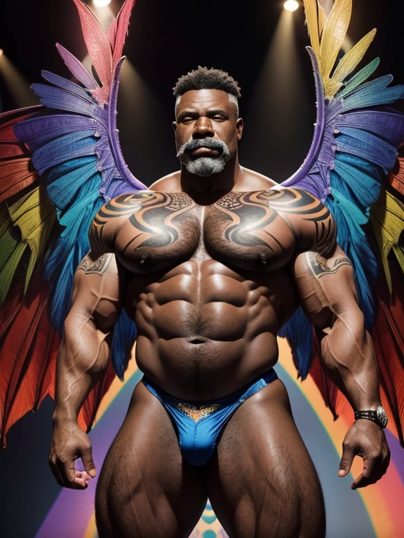 Hyperrealistic image of an African superhero burlesque dancer with two huge symmetrical rainbow wings very old and very sweaty gray-haired bodybuilder over 50 years old very muscular and fat More than 200 kilos in weight with a naked torso.big flabby pecs brown nipples and big gray mustaches with huge tattooed arms dressed in lace lingerie on a burlesque stage 