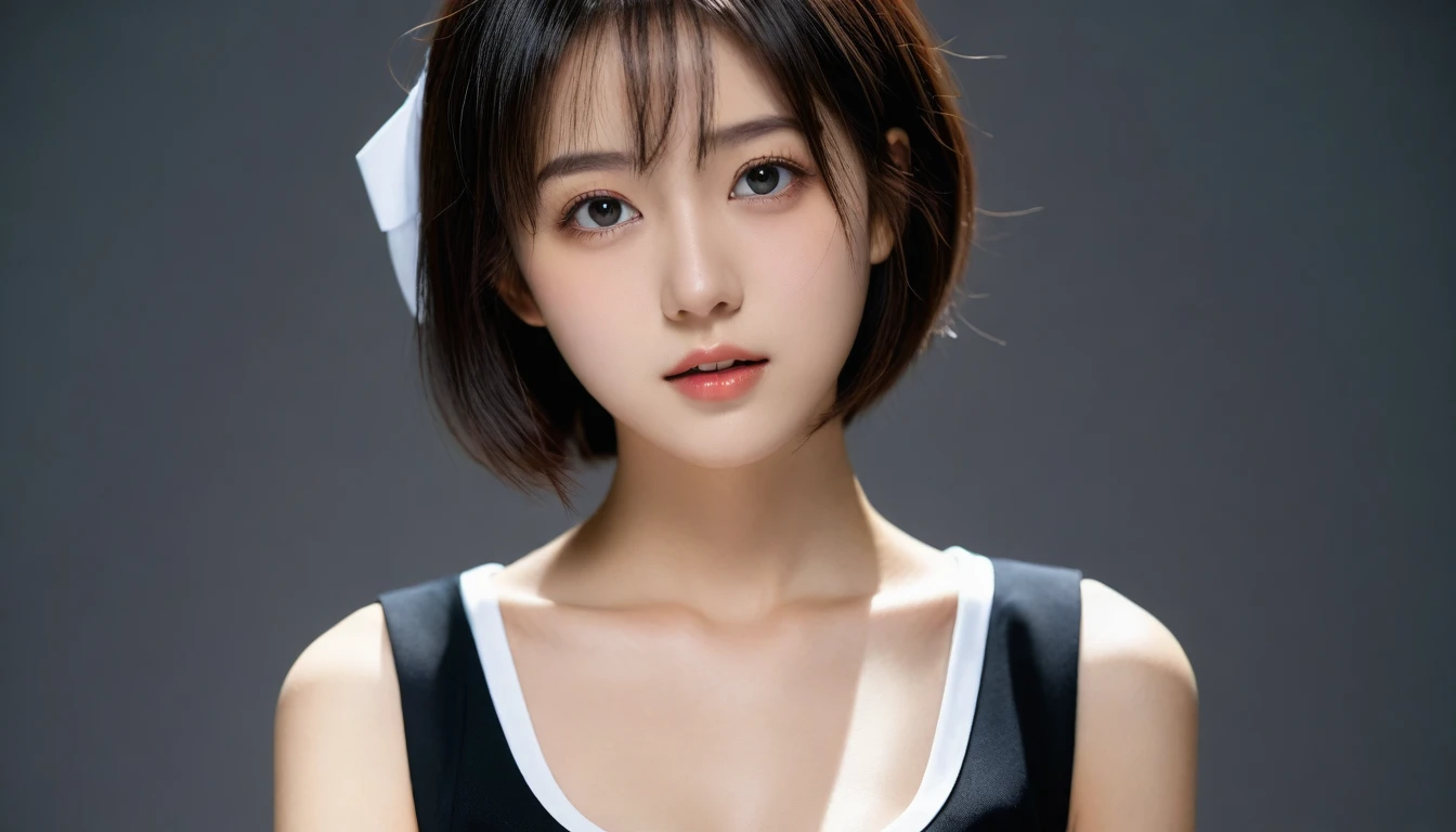 8k, Ultra-high resolution, Highest quality, masterpiece, 三分割法によるphotograph,Surreal, photograph, 1 Girl, (16 years old:1.3), pretty girl, Cute Face, Beautiful eyes in every detail, 細かくdetailedに,masterpiece,One Girl:1.2, Japan Female Announcer,extream close up,sad,streaming tears,Black short hair,Messy hair,(black suit:1.3),Nun's clothing,(印象派の美しい少女のPortraiture), (Gray background:1.3),(Impressionist light and colour),prayer,Realistic Skin, Perfect and beautiful face ,完璧でCute Face, Skin with attention to detail, Perfect limbs、Narrow waist,Looking at the audience、beauty,Long neck,clavicle,(((Ideal body type))),A cup small ??????? :2,Portraiture:2,Perfect ???????,鮮明なdetailed,detailed,Surreal,Light and shadow,spotlight