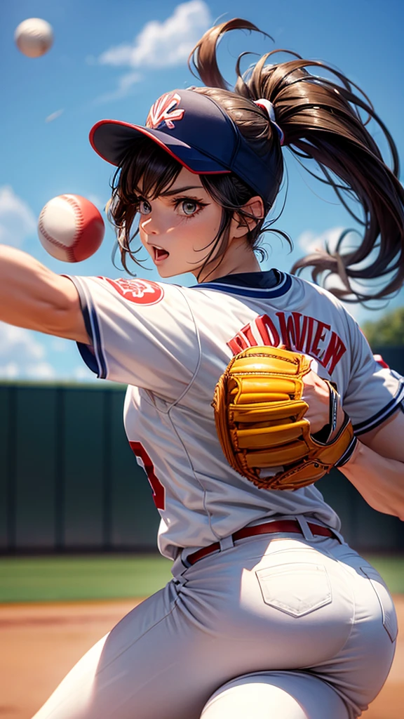 A woman with a ponytail is wearing a baseball uniform and throwing a ball as a pitcher