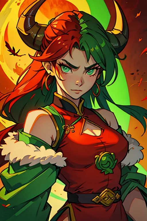 china guardian dragon woman with green eyes, red horns and jade hair with moths in the hair