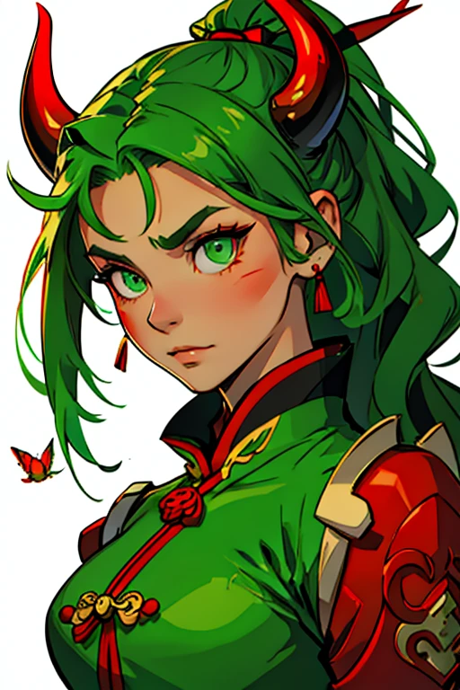 china guardian dragon woman with green eyes, red horns and jade hair with moths in the hair