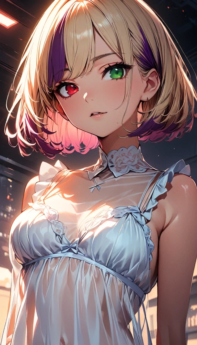 (highest quality:1.2, Very detailed, up to date, Vibrant, Ultra-high resolution, High Contrast, masterpiece:1.2, highest quality, Best aesthetics), Portraiture、girl、solo, (25-years-old:1.4), slim, , heterrochromia, green eye, red eye, (Frilly babydoll:1.3), (see-through,lace:1.5), bed room, lying on bed, spread legs, bright room, Bright colors、Beautiful fine details、Beautiful lip detail、extra short hair, ((bob cut:1.5))、pink and purple, ((streaked hair:1.9)), (highlights hair: 1.6), (small breast:1.3), (tan skin:0.7), cowboy shot:1,