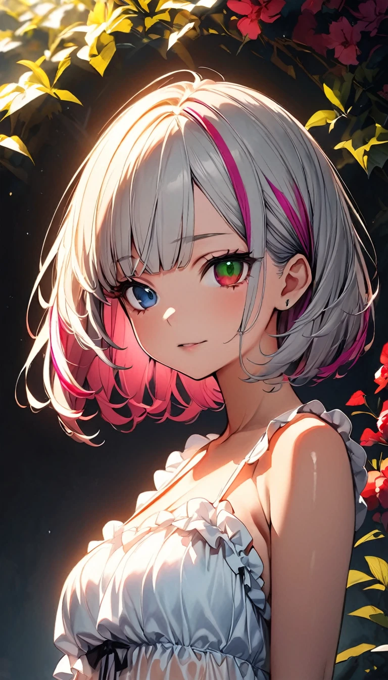 (highest quality:1.2, Very detailed, up to date, Vibrant, Ultra-high resolution, High Contrast, masterpiece:1.2, highest quality, Best aesthetics), Portraiture、girl、solo, (25-years-old:1.4), slim, , heterrochromia, green eye, red eye, (Frilly babydoll:1.3), (see-through,lace:1.5), bed room, lying on bed, spread legs, bright room, Bright colors、Beautiful fine details、Beautiful lip detail、extra short hair, ((bob cut:1.5))、pink and purple, ((streaked hair:1.9)), (highlights hair: 1.6), (small breast:1.3), (tan skin:0.7), cowboy shot:1,