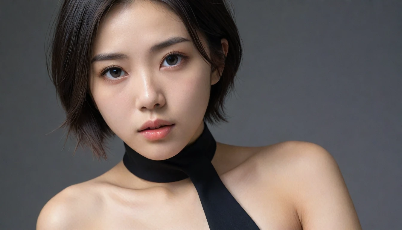8k, Ultra-high resolution, Highest quality, masterpiece, 三分割法によるphotograph,Surreal, photograph, 1 Girl, (:1.3), pretty girl, Cute Face, Beautiful eyes in every detail, 細かくdetailedに,masterpiece,One Girl:1.2, Japan Female Announcer,extream close up,sad,streaming tears,Black short hair,Messy hair,(black suit:1.3),Nun's clothing,(印象派の美しい少女のPortraiture), (Gray background:1.3),(Impressionist light and colour),prayer,Realistic Skin, Perfect and beautiful face ,完璧でCute Face, Skin with attention to detail, Perfect limbs、Narrow waist,Looking at the audience、beauty,Long neck,clavicle,(((Ideal body type))),A cup small breasts :2,Portraiture:2,Perfect Anatomy,鮮明なdetailed,detailed,Surreal,Light and shadow,spotlight