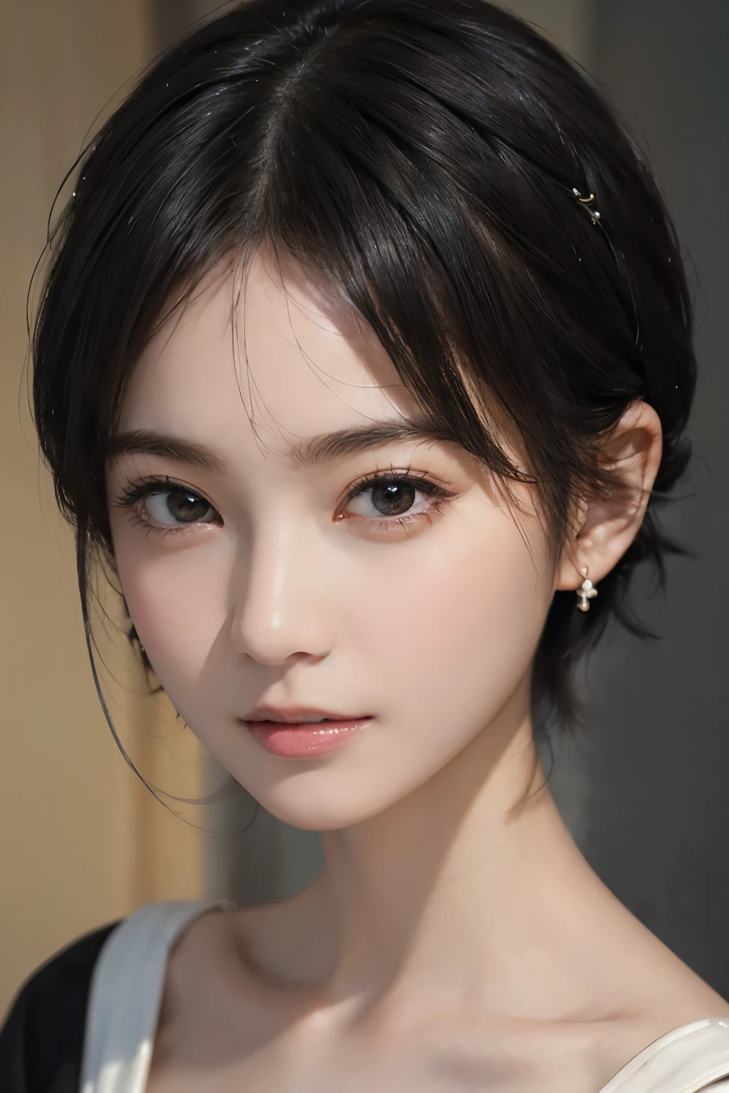 (((Black Short Hair))), (Louvre Museum), Seductive pose, Background is grassland、Image from chest up:1.6)、Close-up portrait of a woman wearing a white off-the-shoulder top dress and earrings, Soft portrait shot 8k, Nice delicate face, High-quality 4K portraits, High-quality portraits, Soft, perfect, pale skin, 8K Highly Detailed Face, なbeautiful繊細な顔, beautiful光の大きな目, Beautiful and realistic face, beautiful14Old woman, Beautiful and realistic face, cute14Old woman