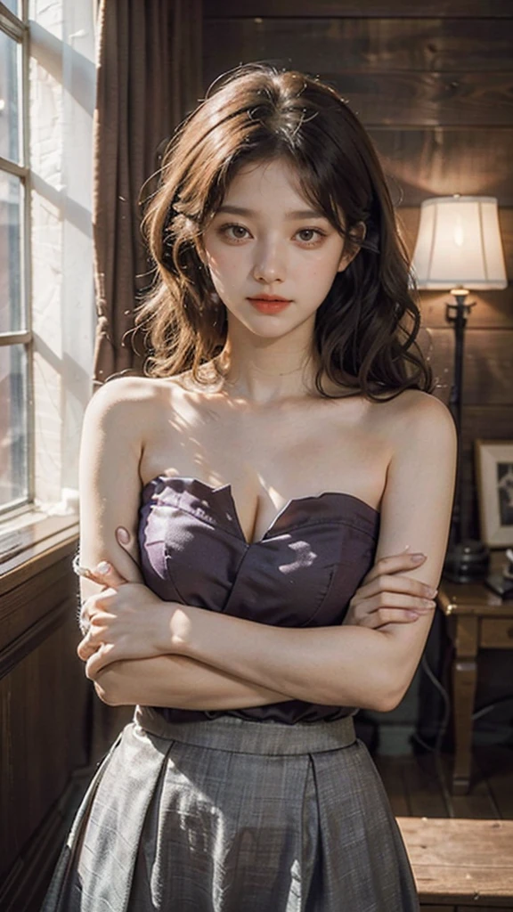 detailed background, masterpiece, best quality, 1 person , curly hair, long hair, purple eyes, star in eye , peach Strapless blouse, long skirt, cute different poses, indoor wood furniture ,light wood color,, upper body
