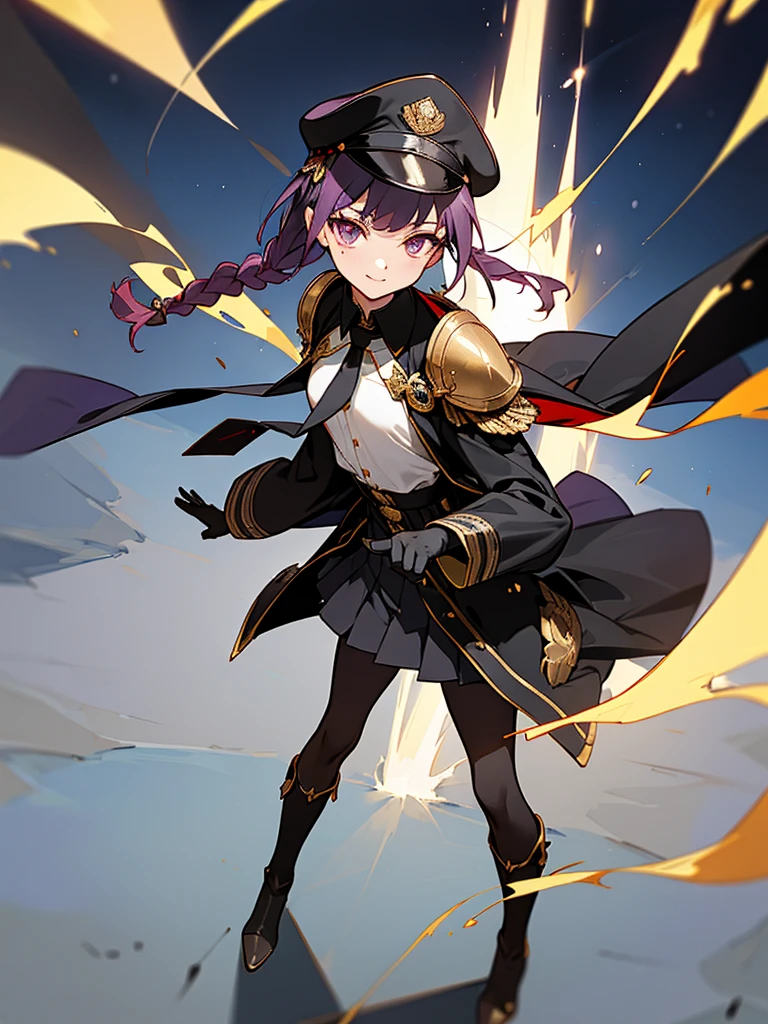 realisitic, City Deserted, Pile of rubble, Brick building, a one woman (18 years old, far away blackw hair, far away slits, Eyes red, glare eyes, 精致的面容, standing (In floor, feet shoulder-width apart), Lolita style military uniform (blackw base, Red Insert, golden decoration, volantes, wide sleeves, dainty and delicate detailing armors), blackw far away gloves (blackw, Red Insert, golden decoration, small hands, armors), blackw far away gloves, knee high boots (blackw, high-heels, red soles), ha (blackw, aba dourada, shield emblem, delicate details), arms in front, Front of belly, Holding military swords with both hands (blackw, golden decoration, delicate detail, Handle at the top, Ground-facing blade, in front of the body, far away), night sky (blackw, stele, Increased flames and smoke) Pale painting style, One Girl, super high quality, Super Detail, Super Detailed image, long hair, looking at viewer, skirt, shirt, hair ornament, violet eyes, gloves, round glasses, long sleeves, hat, closed mouth, jacket, violet hair, braid, open clothes, necktie, black gloves, black skirt, uniform, single braid, open jacket, black jacket, black headwear, 手链, Peaked cap, black necktie, cropped jacket, military hat, pantyhose, Flat Chest, smile, Black Cape