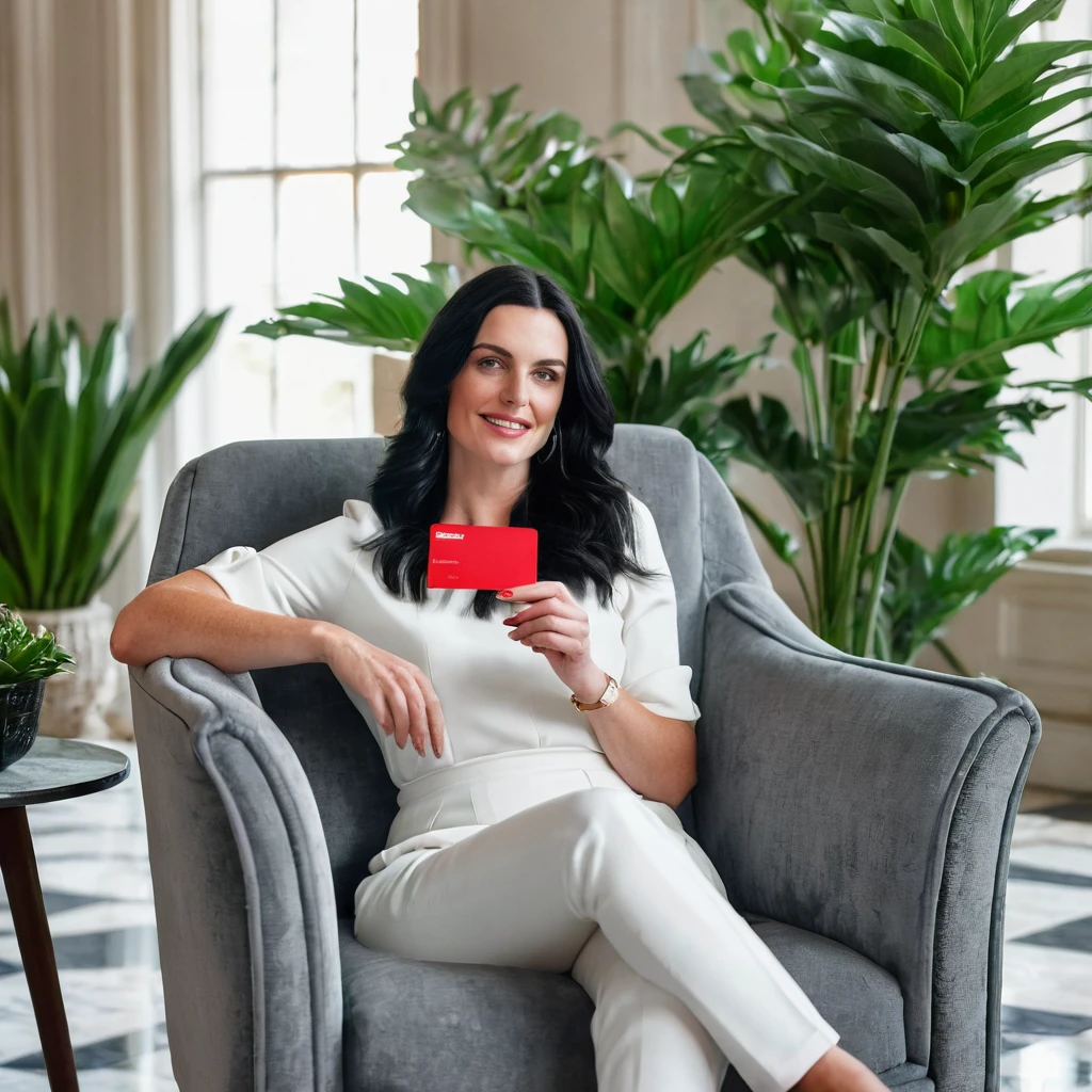 Prompts
Beautiful white woman com decote nos seios with black hair, holding a Santander card red color sitting in a comfortable gray armchair in a mansion with plant decoration and natural light.with and zoom on the body and woman.