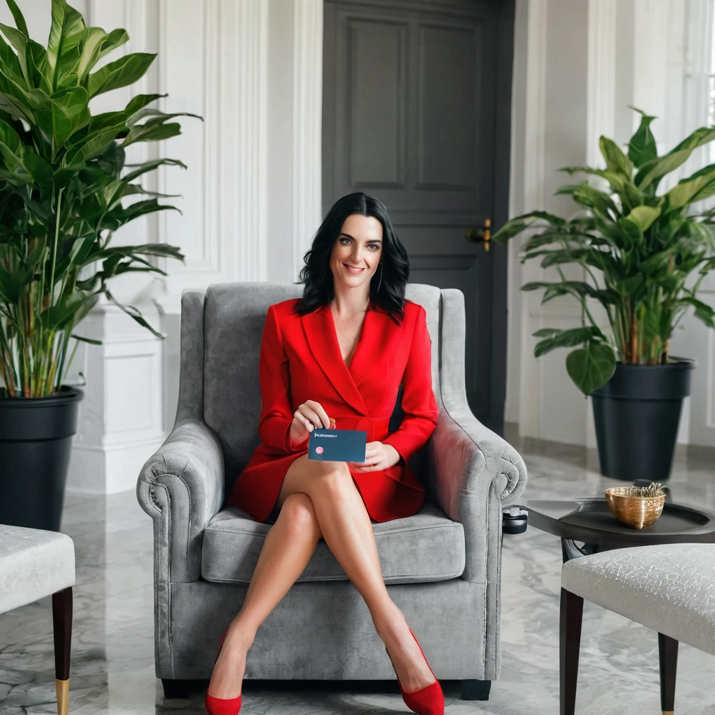 Prompts
Beautiful white woman com decote nos seios with black hair, holding a Santander card red color sitting in a comfortable gray armchair in a mansion with plant decoration and natural light.with and zoom on the body and woman.