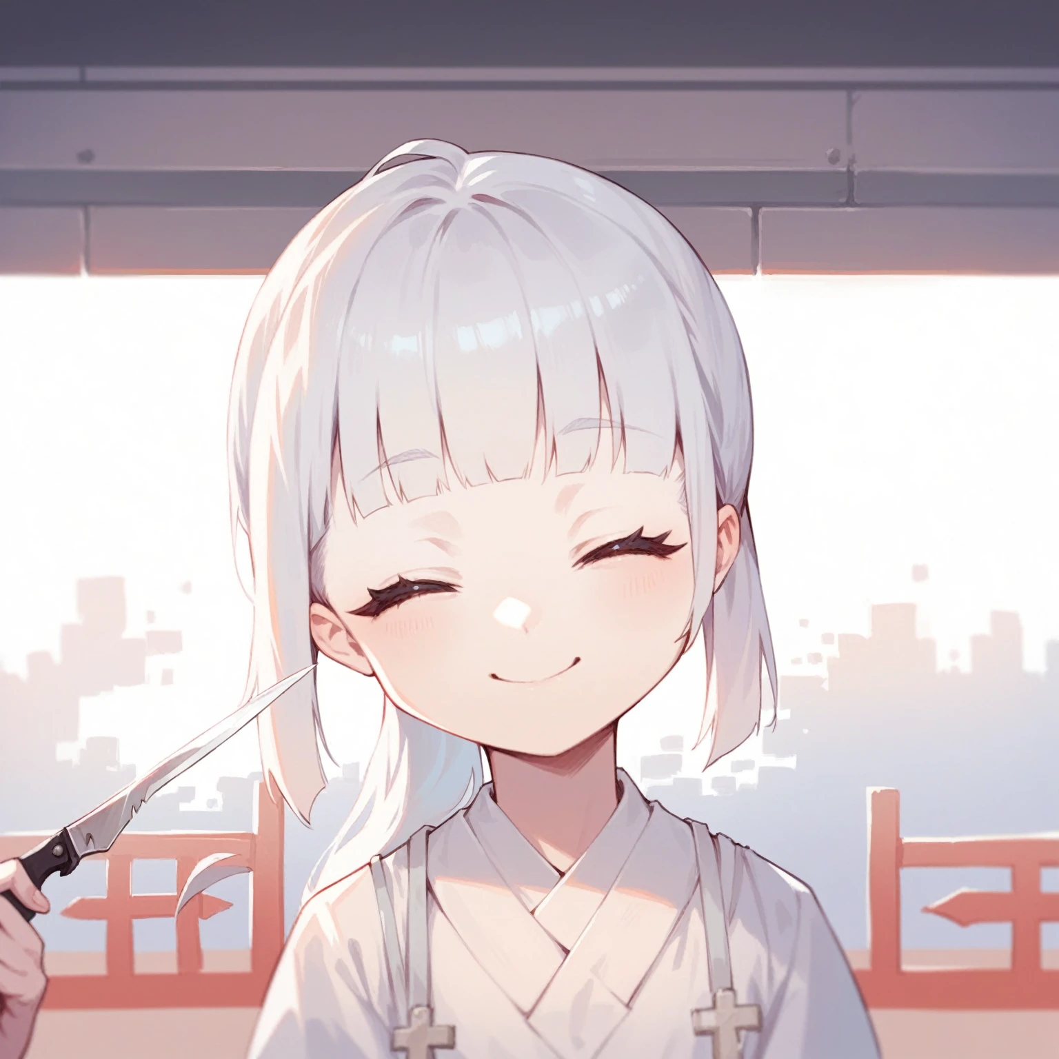 Highest detail，Outstanding quality，detailed，HD，Black long hair，White Dress，Knives，cafes，Sit cross-legged，Smile，No body deformity