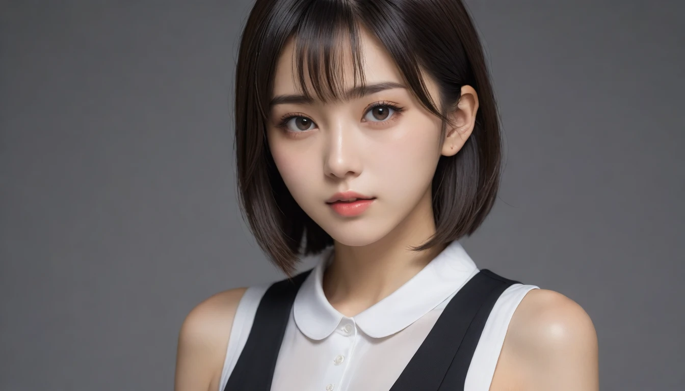 8k, Ultra-high resolution, Highest quality, masterpiece, 三分割法によるphotograph,Surreal, photograph, 1 Girl, (16 years old:1.3), pretty girl, Cute Face, Beautiful eyes in every detail, 細かくdetailedに,masterpiece,One Girl:1.2, Japan Female Announcer,extream close up,sad,streaming tears,Black short hair,Messy hair,(black suit:1.3),Nun's clothing,(印象派の美しい少女のPortraiture), (Gray background:1.3),(Impressionist light and colour),prayer,Realistic Skin, Perfect and beautiful face ,完璧でCute Face, Skin with attention to detail, Perfect limbs、Narrow waist,Looking at the audience、beauty,Long neck,clavicle,(((Ideal body type))),A cup small breasts :2,Portraiture:2,Perfect Anatomy,鮮明なdetailed,detailed,Surreal,Light and shadow,spotlight
