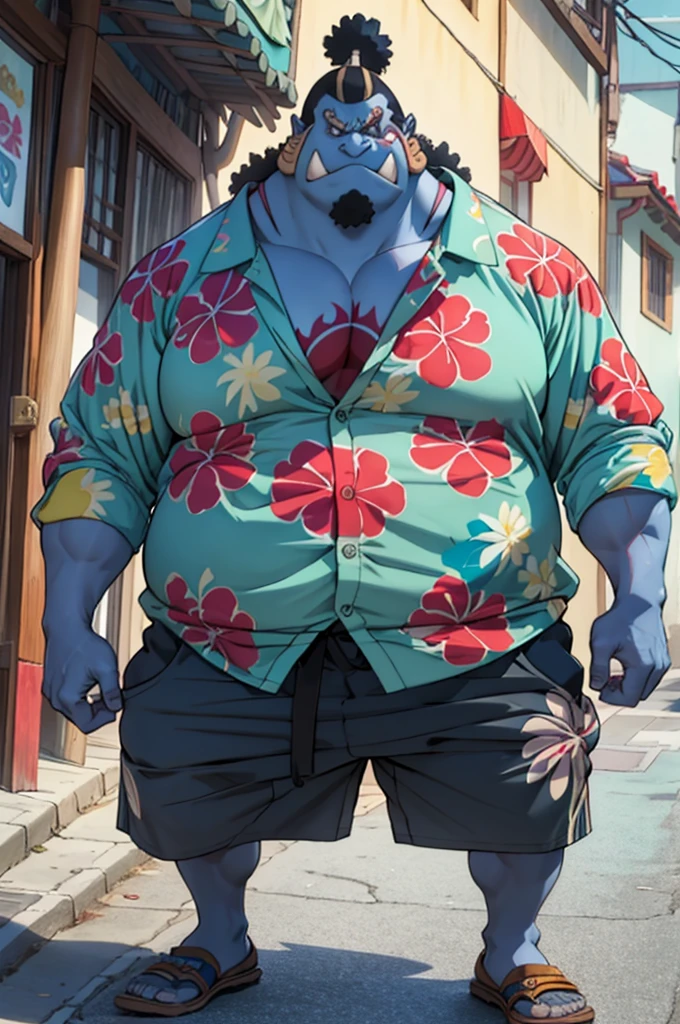 chubby man (jinbei) in street, blue skin, muscular, pectoral, wide pectoral, beach, palm, realistic, 8k, masterpiece, (wearing shorts and Hawaiian shirt, shoes)