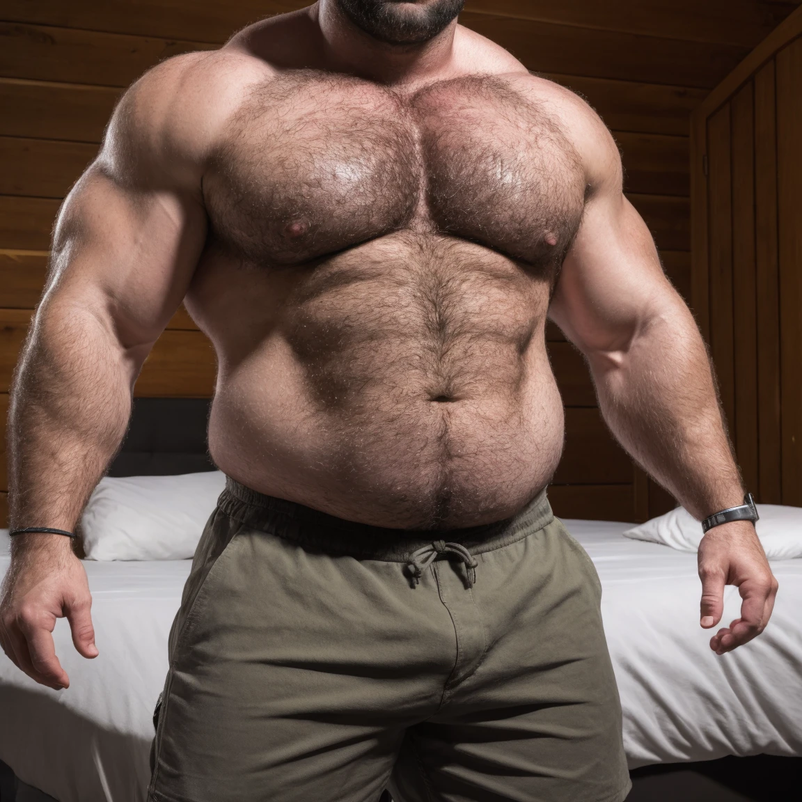 8K HDR Very Extremely Realistic Very Detailed High Quality 8K HDR Very Realistic 46 year old daddy rugged beefy big thick burly chubby bodybuilder muscle bears man, 8KHDR very realistic beared big daddy muscle bear, and 8KHDR very realistic detailed rugged burly man in shorts, 8KHDR very realistic hair, 8KHDR very realistic beards, 8KHDR very realistic thick chubby fat neck, 8KHDR very realistic neck lines, 8KHDR very realistic detailed neck, 8KHDR very realistic burly chest, 8KHDR very realistic detailed hairy burly chest and arms, 8KHDR very realistic detailed hairy burly chest and arms, 8KHDR very realistic burly muscle bear body, 8KHDR very realistic nipples, 8KHDR very realistic burly muscle bear body, 8KHDR very realistic face, 8KHDR very realistic detailed face, 8KHDR very realistic eyes, 8KHDR very realistic detailed eyes, 8KHDR very realistic pupils, 8KHDR very realistic detailed pupils, 8KHDR very realistic head, 8KHDR very realistic waist, 8KHDR very realistic facial features, 8KHDR very realistic burly arms, 8KHDR very realistic elbows, 8KHDR very realistic hands, 8KHDR very realistic pecs, 8KHDR very realistic belly, 8KHDR very realistic human man body, 8K HDR very realistic bellybutton, 8KHDR very realistic wrists, 8KHDR very realistic fingers, 8KHDR very realistic fingernails, 8KHDR very realistic shoulders, 8KHDR very realistic mouth, 8KHDR very realistic lips, 8KHDR very realistic mens clothing, 8KHDR very realistic detailed mens clothing. 8KHDR Very Realistic Hairy Bearded Burly Muscle bear Photoshoot, 8KHDR Very Realistic Ultra-detailed, 8KHDR very realistic detailed bedroom surroundings, 8KHDR very realistic surroundings lighting, No Deformities, An ultra-realistic photograph captured with a Sony α7 III camera, equipped with an 85mm lens in F 1.2 aperture, The cutting-edge Midjourney v5, ( best quality, highres, realistic:1.37), Super real detailed skin, Ultra-detailed, Photorealistic 1.4, hyper photorealism, 8K HDR Clear HDR Quality,