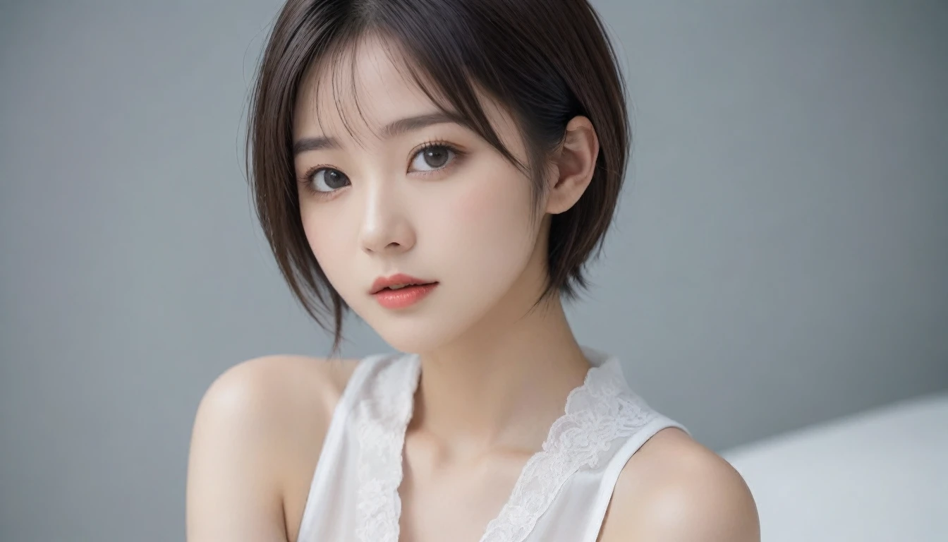 8k, Ultra-high resolution, Highest quality, masterpiece, 三分割法によるphotograph,Surreal, photograph, 1 Girl, (:1.3), pretty girl, Cute Face, Beautiful eyes in every detail, 細かくdetailedに,masterpiece,One Girl:1.2, Japan Female Announcer,extream close up,sad,streaming tears,Black short hair,Messy hair,(black suit:1.3),Nun's clothing,(印象派の美しい少女のPortraiture), (Gray background:1.3),(Impressionist light and colour),prayer,Realistic Skin, Perfect and beautiful face ,完璧でCute Face, Skin with attention to detail, Perfect limbs、Narrow waist,Looking at the audience、beauty,Long neck,clavicle,(((Ideal body type))),A cup small breasts :2,Portraiture:2,Perfect Anatomy,鮮明なdetailed,detailed,Surreal,Light and shadow,spotlight