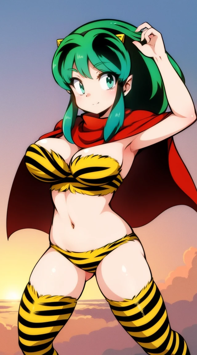 lum, , superhero costume, urusei yatsura, cloak, pants, pullover