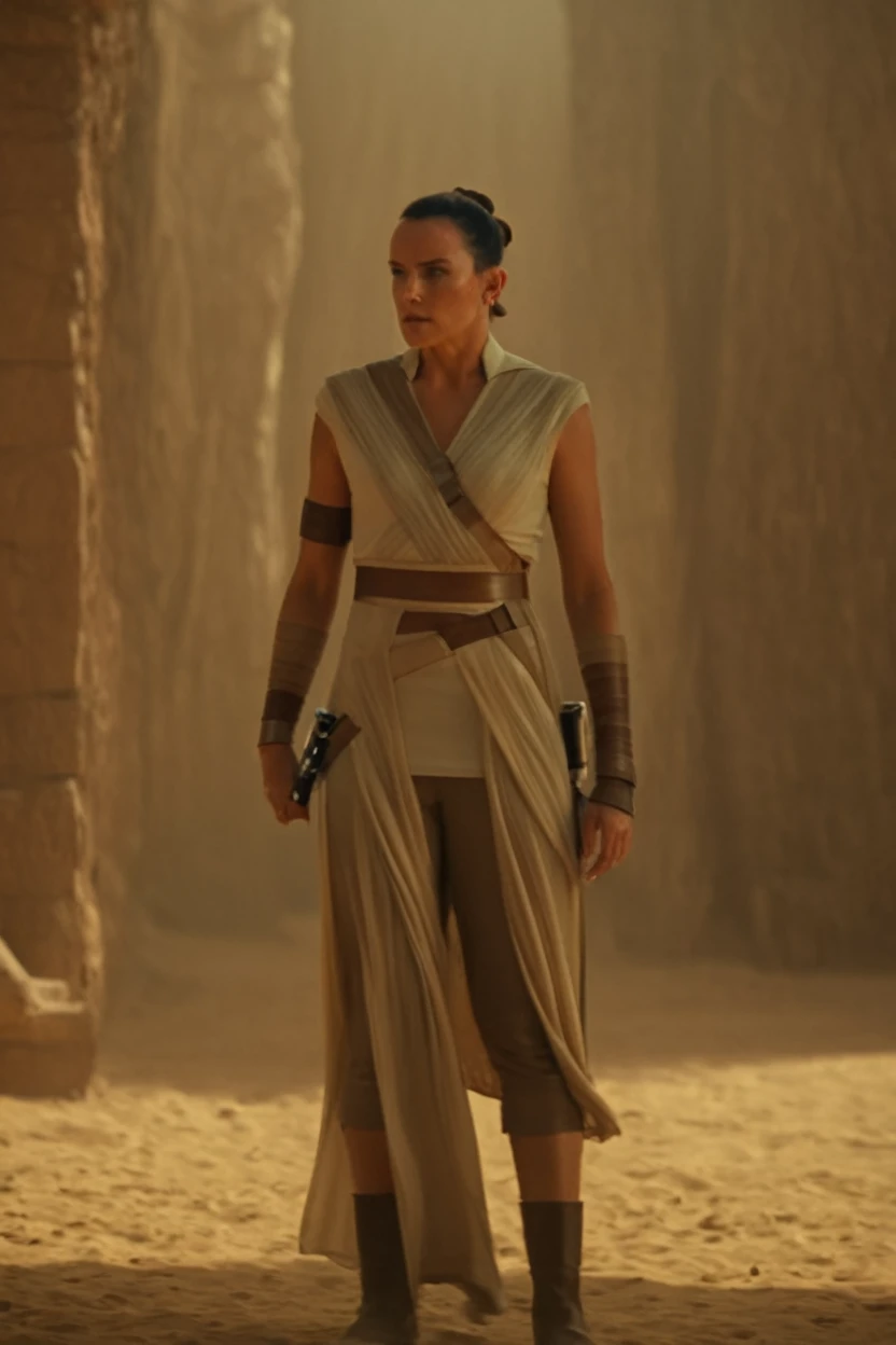 cinematic film still rey, jedi, latex clothing, full body, at ahn'qiraj . shallow depth of field, vignette, highly detailed, high budget Hollywood movie by luca guadagnino, bokeh, cinemascope, moody, epic, gorgeous, film grain, grainy